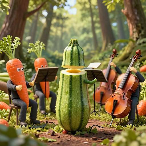 CGI forest scene with anthropomorphic vegetable musicians: carrot drummer, squash conductor, and celery cellist playing in a sunlit forest clearing.