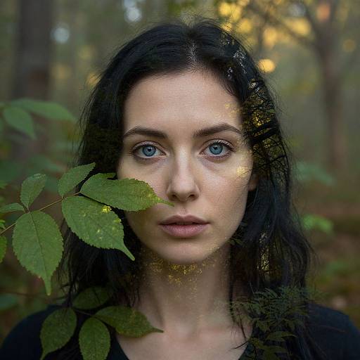 Photograph of a pale-skinned woman with blue eyes, long black hair, and green leaf partially covering her face, in a misty forest with