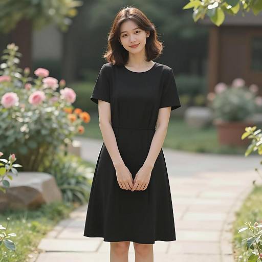 Young Woman in Black Dress in Garden
