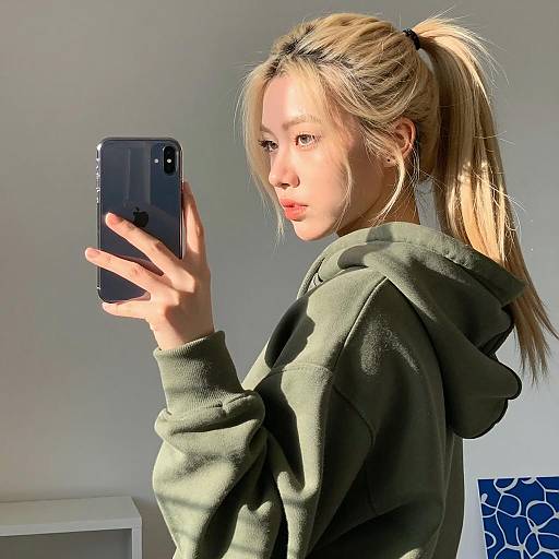 Mirror Selfie of Young Woman in Hoodie