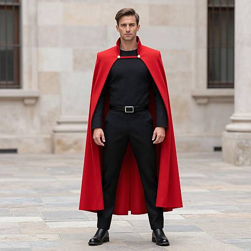 Photograph of a handsome man with short brown hair, wearing a black suit, red cape, black shirt, and black shoes, standing in a stone
