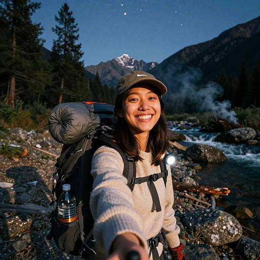 Happy Woman Camping in Mountain Forest at Night