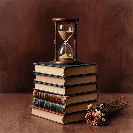 Photograph of a wooden stack of old books topped with a glass hourglass, against a dark brown textured background, with dried flowers on the table.