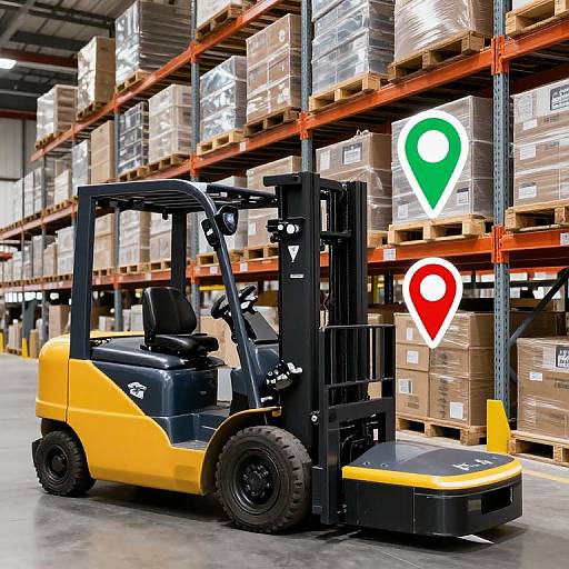 Photograph of a yellow and black forklift in a warehouse, navigating between stacked boxes on high metal shelves; two location pins (green and red
