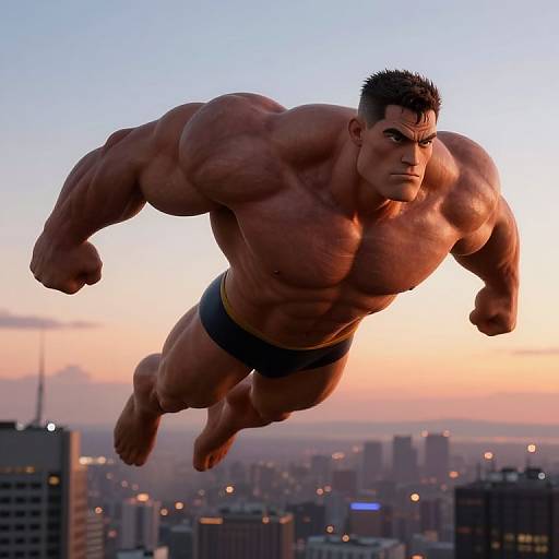 CGI image of a muscular, shirtless man with dark hair, wearing black briefs, flying over a cityscape at sunset.