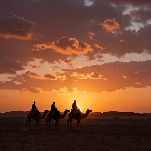 Silhouetted riders on camels against a vibrant orange and purple sunset with scattered clouds in a desert landscape. Photographic image.