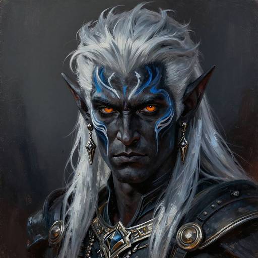 Digital painting of a dark-skinned, muscular orc with glowing orange eyes, white wild hair, blue tribal markings, and ornate armor.