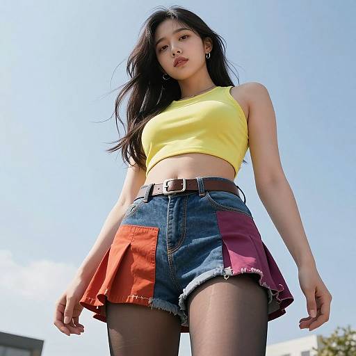 Young Asian woman with long black hair, wearing yellow crop top, denim shorts with red and purple patches, black belt, and black tights, photographed