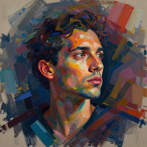 Digital painting of a curly-haired man with vivid, colorful abstract background. Bright hues highlight his face, emphasizing his pensive expression. Bold brushstrokes