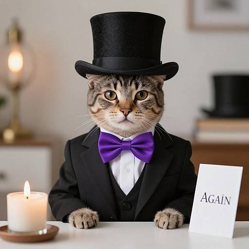 Photograph of a tabby cat wearing a black top hat, purple bow tie, and black suit, sitting at a table with a candle and a