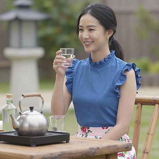 Smiling Asian Woman at Outdoor Table