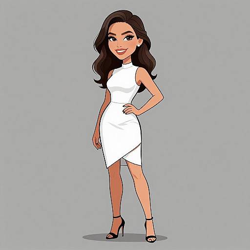 Digital cartoon of a confident woman with long black hair, wearing a white sleeveless dress and black high heels, standing on a gray background.