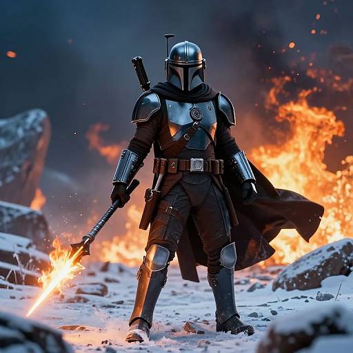 Photorealistic digital artwork of a Mandalorian warrior in silver armor, helmet, and black cloak, standing in snowy battlefield with fiery background. Holding ignited