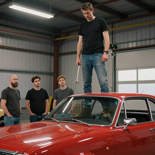 Men Working in an Industrial Garage Scene