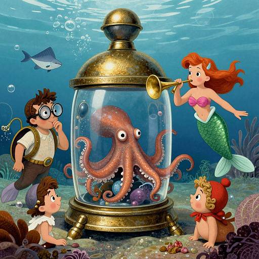 Cartoon-style underwater scene: boy with glasses, mermaid, child in red hood, and octopus in gold jar, with fish and bubbles.