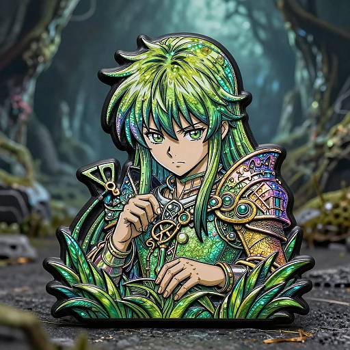 Digital anime-style drawing of a green-haired warrior with glowing armor, focused expression, and intricate patterns, set in a mystical, forested background.
