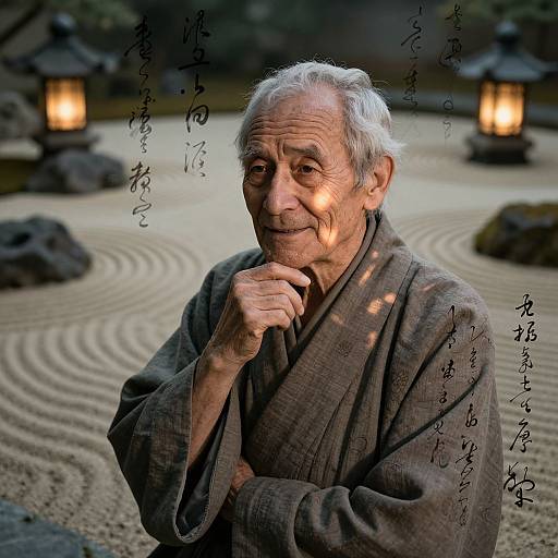 Photograph of an elderly Asian man with gray hair, wearing a brown robe, sitting in a serene Japanese garden with raked sand and lanterns,