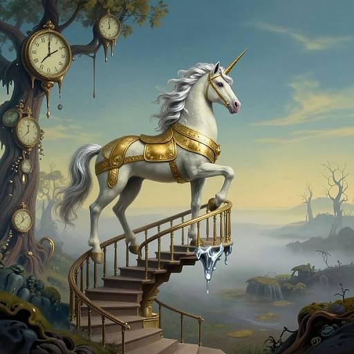 Fantastical digital painting of a white unicorn with golden armor, standing on a spiral staircase, surrounded by dripping clocks in a misty, surreal landscape