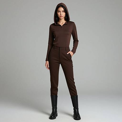 Photograph of a serious-looking woman with dark hair, wearing a black long-sleeve jumpsuit and black boots, standing against a plain gray background