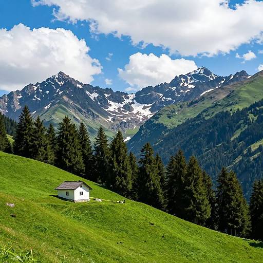 Photograph of a small white cottage on a lush green hillside, surrounded by dark evergreen trees, with majestic snow-capped mountains and a bright