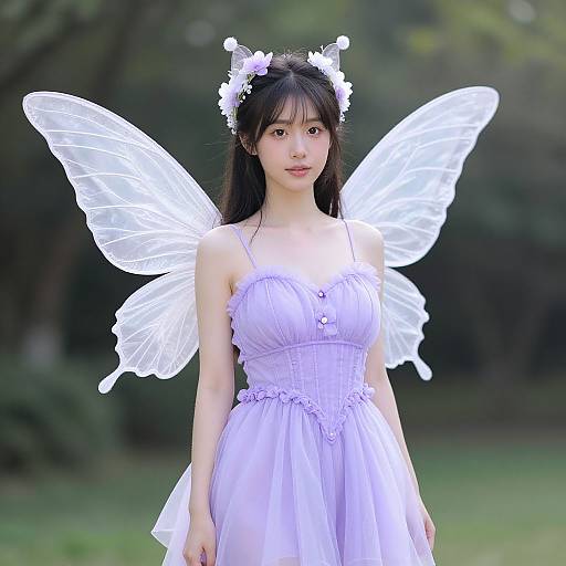 Photograph of an East Asian woman with long black hair, wearing a white flower crown, lilac dress, and glowing white butterfly wings, standing in