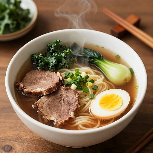 Steaming Bowl of Beef Ramen with Vegetables