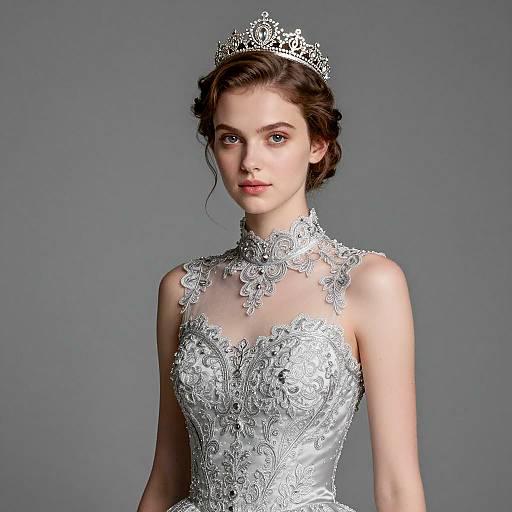 Young Woman in Silver Lace Wedding Dress and Tiara
