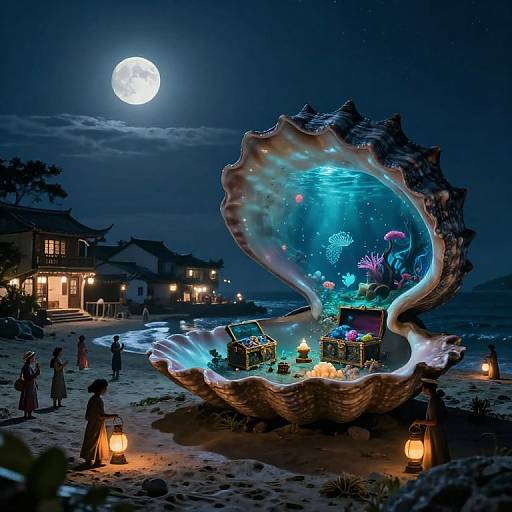 Photograph of a glowing, underwater-themed, giant shell display at night on a beach, illuminated by lanterns, with a full moon overhead and traditional