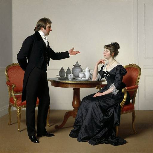 Photograph of a Victorian-era couple; man in black suit gesturing, woman in black dress seated, ornate red chair, wooden table with silver