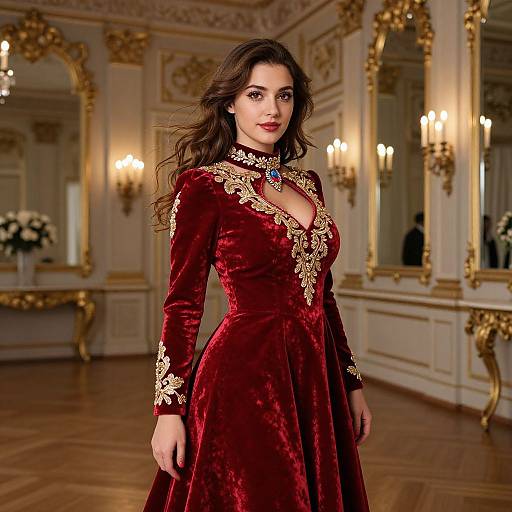 Photograph of a dark-haired woman in a deep red velvet dress with gold embroidery, standing in an ornate, gold-accented room.