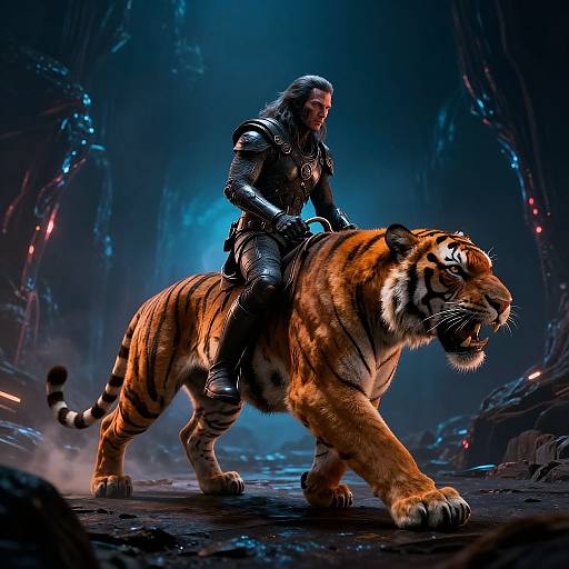 Digital artwork of a muscular man in black, metallic armor riding a fierce, roaring tiger through a futuristic, blue-lit, industrial landscape.