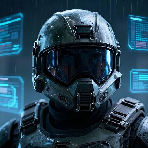Photorealistic CGI of a futuristic soldier in a glossy, rain-soaked helmet with a dark visor, illuminated by blue neon screens in the background