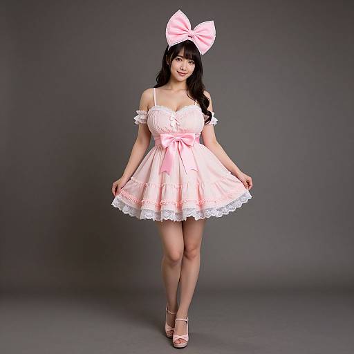 Photograph of an Asian woman with long black hair, wearing a pink off-shoulder dress, white lace trim, large pink bow, and pink