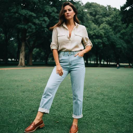 Woman in Casual Linen Shirt and Jeans in Park