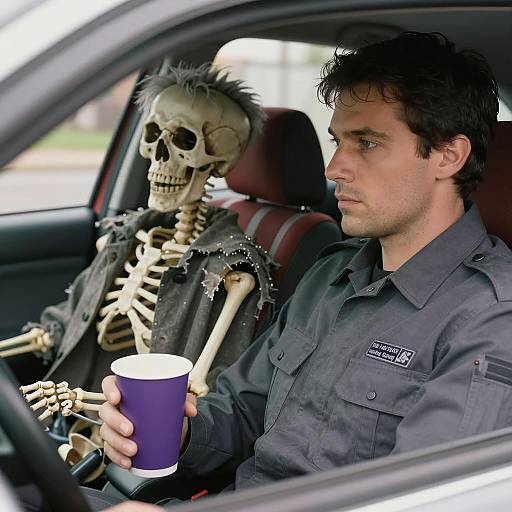 Man and Skeleton in a Vintage Car