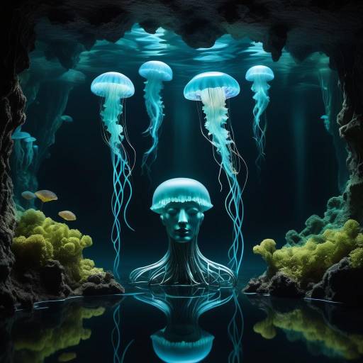 Surreal Underwater Cave with Glowing Jellyfish Surreal Underwater Cave with Glowing Jellyfish