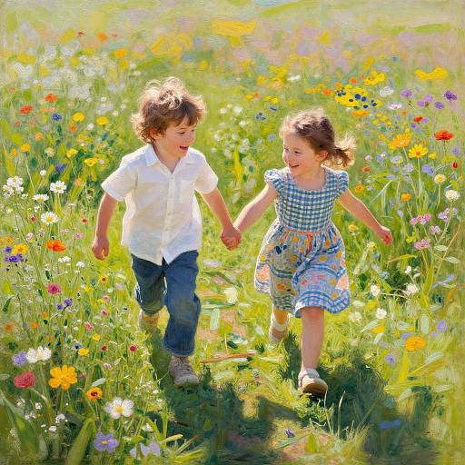 Children Playing in Wildflower Meadow