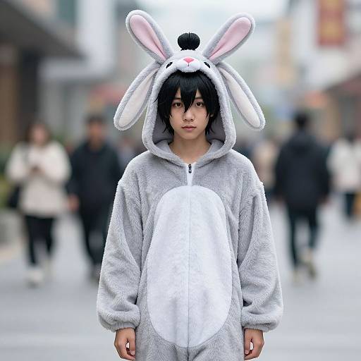 Photograph of an Asian young man in a gray, white bunny-eared hoodie, standing in a busy urban street, with blurred pedestrians in the background