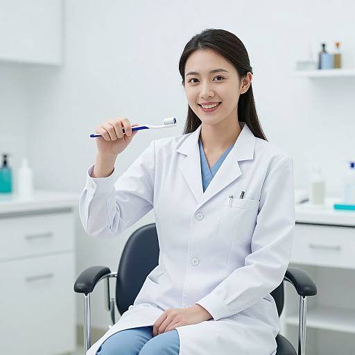 Photograph of an Asian female dentist with long black hair, wearing a white lab coat, blue scrubs, and holding a pen, smiling in a