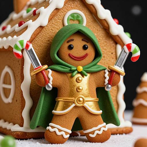 Photograph of a gingerbread man cookie with green hood, gold armor, holding candy canes, standing in front of a decorated gingerbread house.