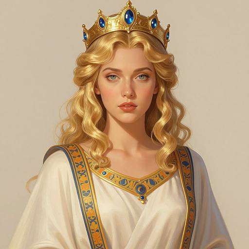 Digital art of a fair-skinned, blonde queen with wavy hair, wearing a gold crown with blue gems, and a white robe with golden and