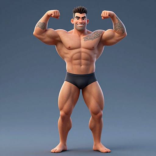 CGI image of a muscular, tattooed man with short black hair, flexing both arms in black briefs, smiling against a blue gradient background