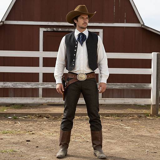 Photograph of a young Caucasian man in cowboy attire: brown hat, white shirt, black vest, blue tie, black pants, brown boots, belt