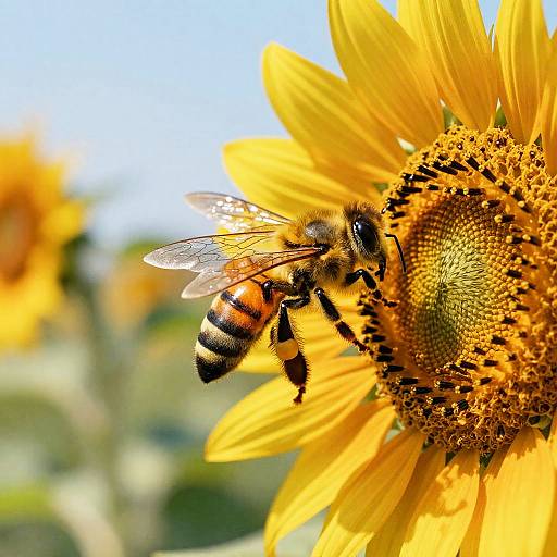 Close-up photograph of a bumblebee with orange and black stripes, perched on a vibrant yellow sunflower with detailed, textured petals and a central