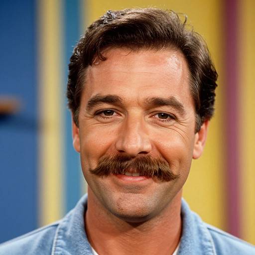Photograph of a smiling middle-aged man with brown hair, a mustache, wearing a light blue shirt, against a colorful blurred background.