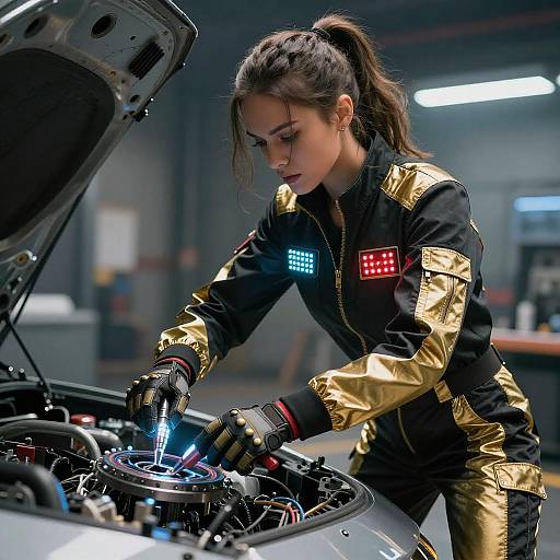 Female Cyborg Mechanic Repairing Futuristic Vehicle