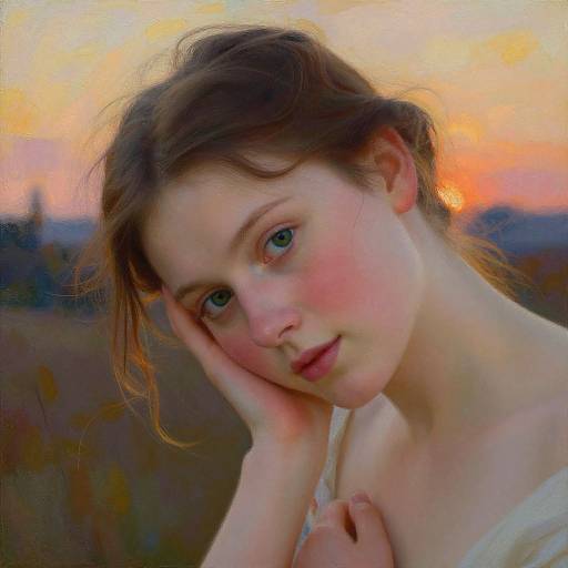 Digital painting of a young woman with fair skin, green eyes, and brown hair, resting her cheek on her hand against a sunset background. Soft,