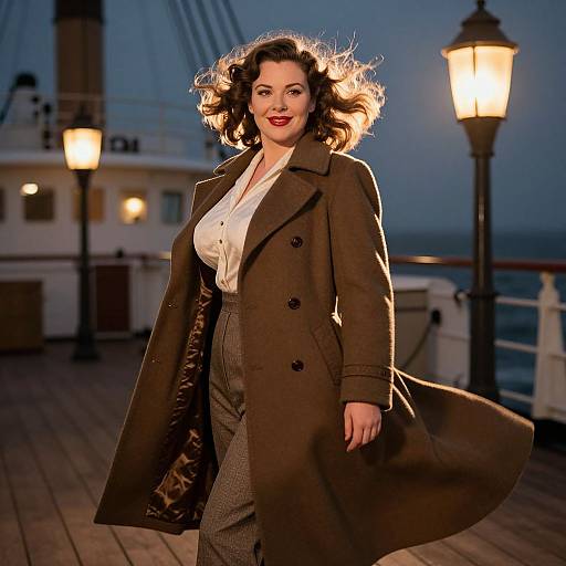 Photograph of a curvy, fair-skinned woman with wavy brown hair, wearing a brown coat, white blouse, and gray pants, standing