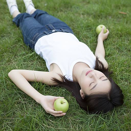 Photograph of an Asian woman with black hair, lying on grass, eyes closed, wearing white shirt and blue jeans, holding two green apples.