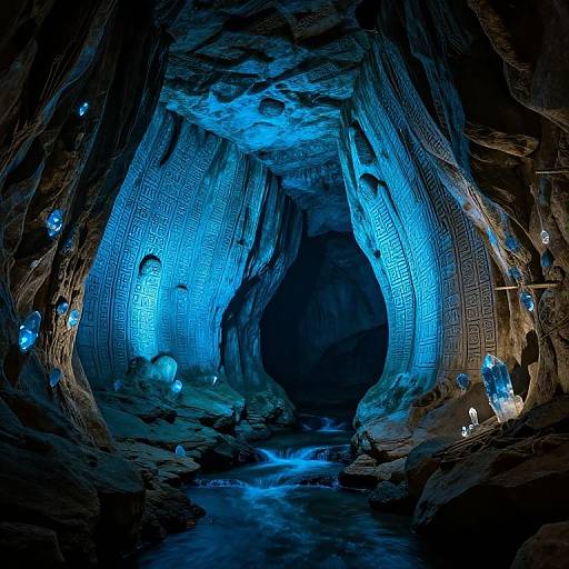 Photograph of a dimly lit, blue-lit cave with intricate, glowing blue patterns on rocky walls, illuminated by spherical lights.